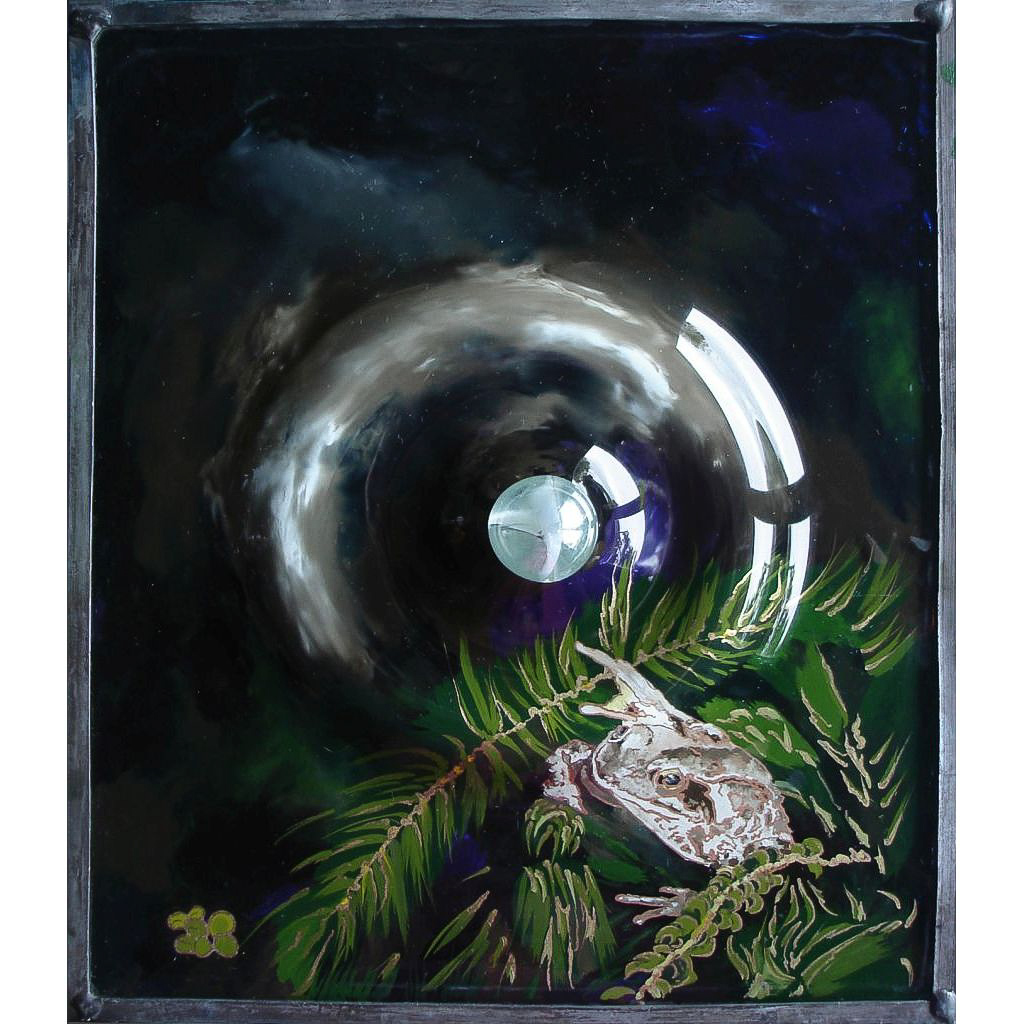 Toad with a Raindrop Oils and silver liquid leaf on underside of antique glass with marble. 22 x 26 cm