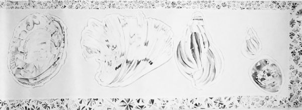 Mementoes: Collection of shells with coral border. Pencil on paper. 2270 x 1500 cm